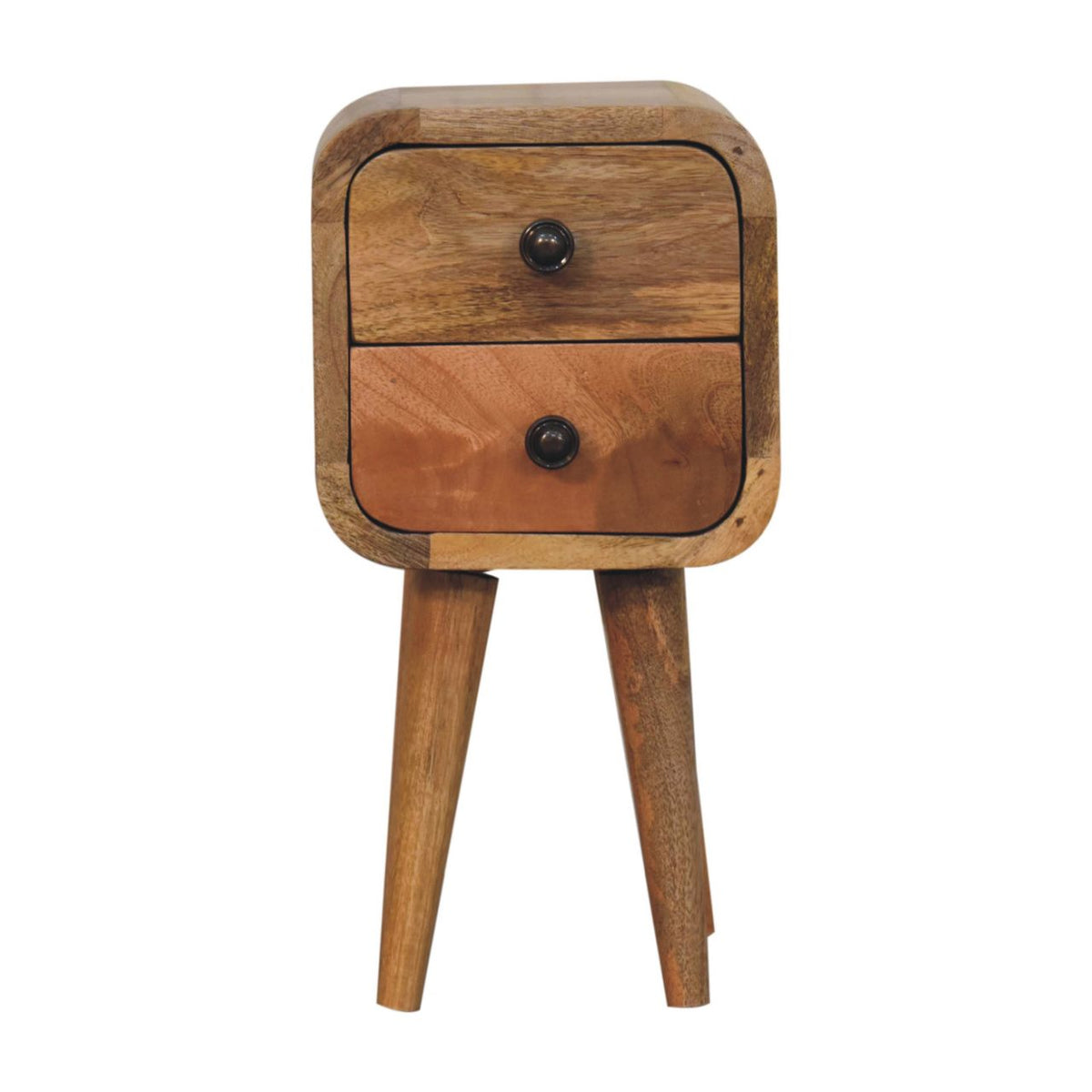 20 cm bedside table with 2 drawers in light mango wood, front view