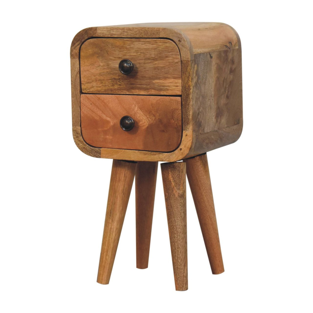 Light narrow bedside table with 2 drawers, three-quarter view