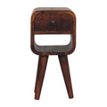 Narrow bedside table, 20 cm wide, chestnut brown finish, front view with drawer and open shelf