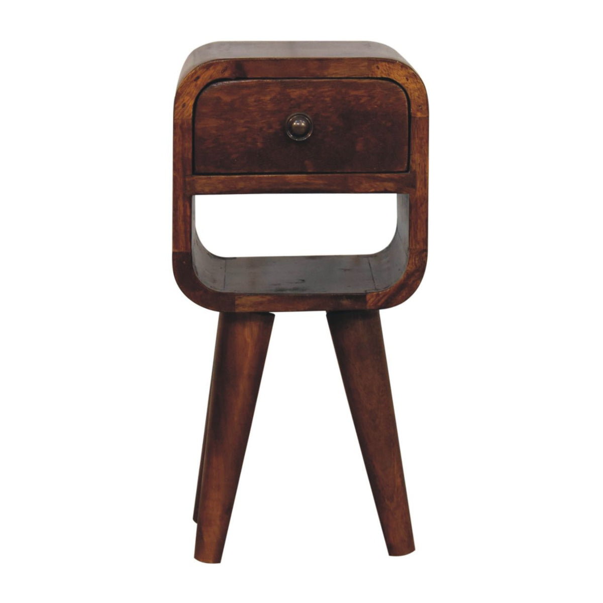 Narrow bedside table, 20 cm wide, chestnut brown finish, front view with drawer and open shelf