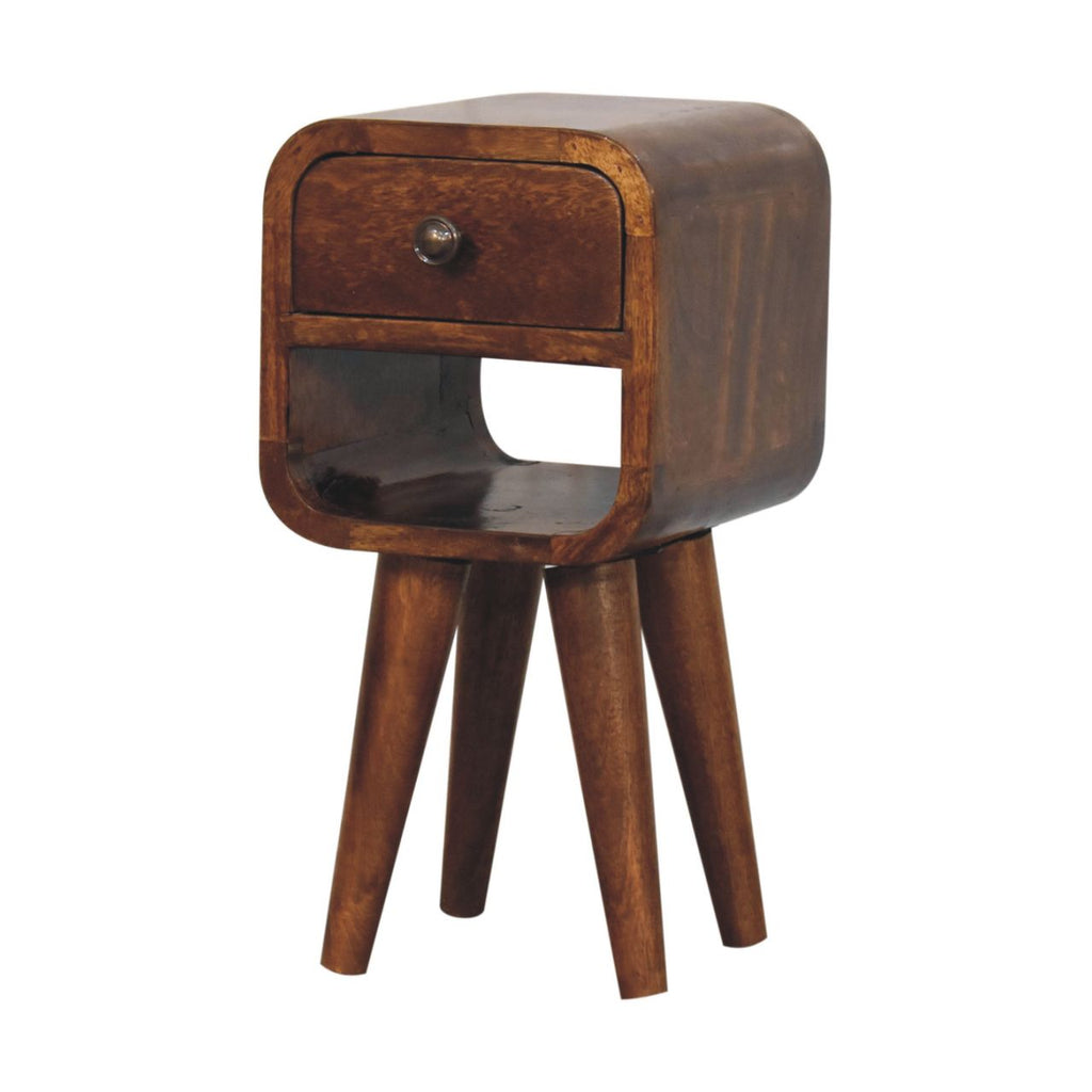 Narrow bedside table, 20 cm wide, chestnut brown finish, three-quarter view on tapered legs
