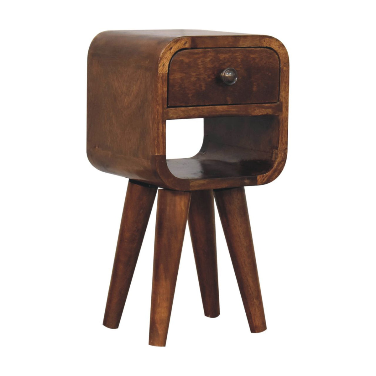 Narrow bedside table, 20 cm wide, chestnut brown finish, angled view of drawer and open shelf