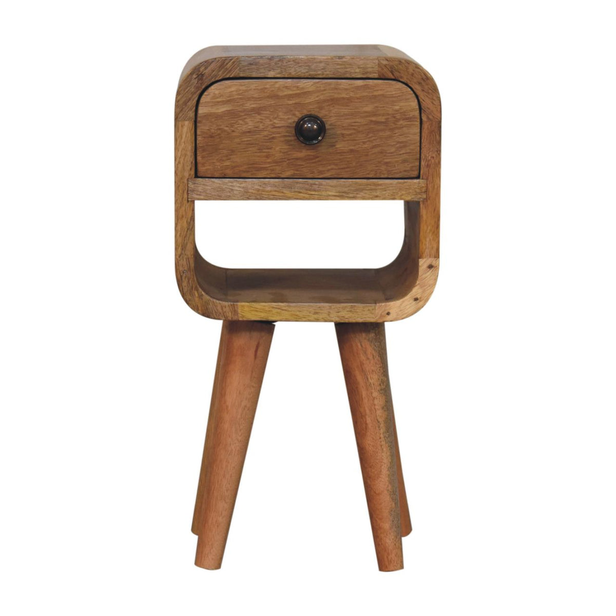 Narrow bedside table, 20 cm wide, natural oak-look finish, front view with drawer and open shelf