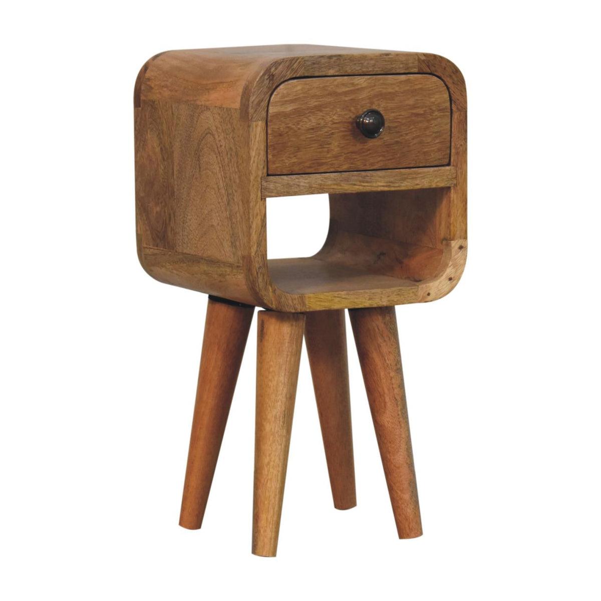 Narrow bedside table, 20 cm wide, natural oak-look finish, three-quarter view of drawer and shelf
