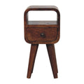 Narrow bedside table with drawer and open slot, 20 cm wide, chestnut brown, front view
