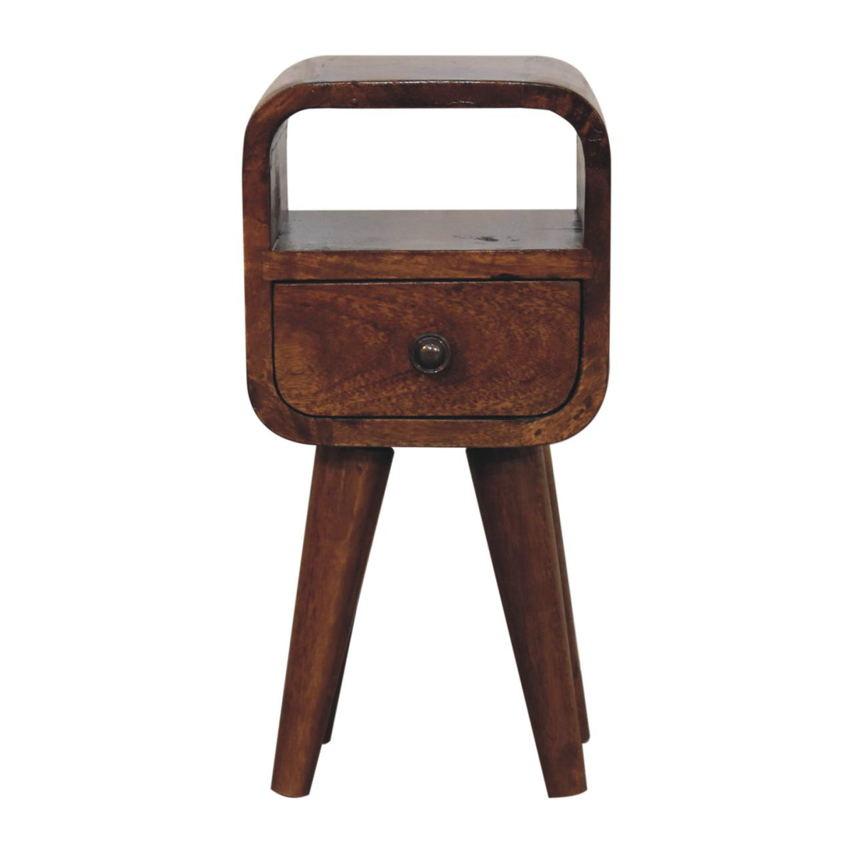 Narrow bedside table with drawer and open slot, 20 cm wide, chestnut brown, front view