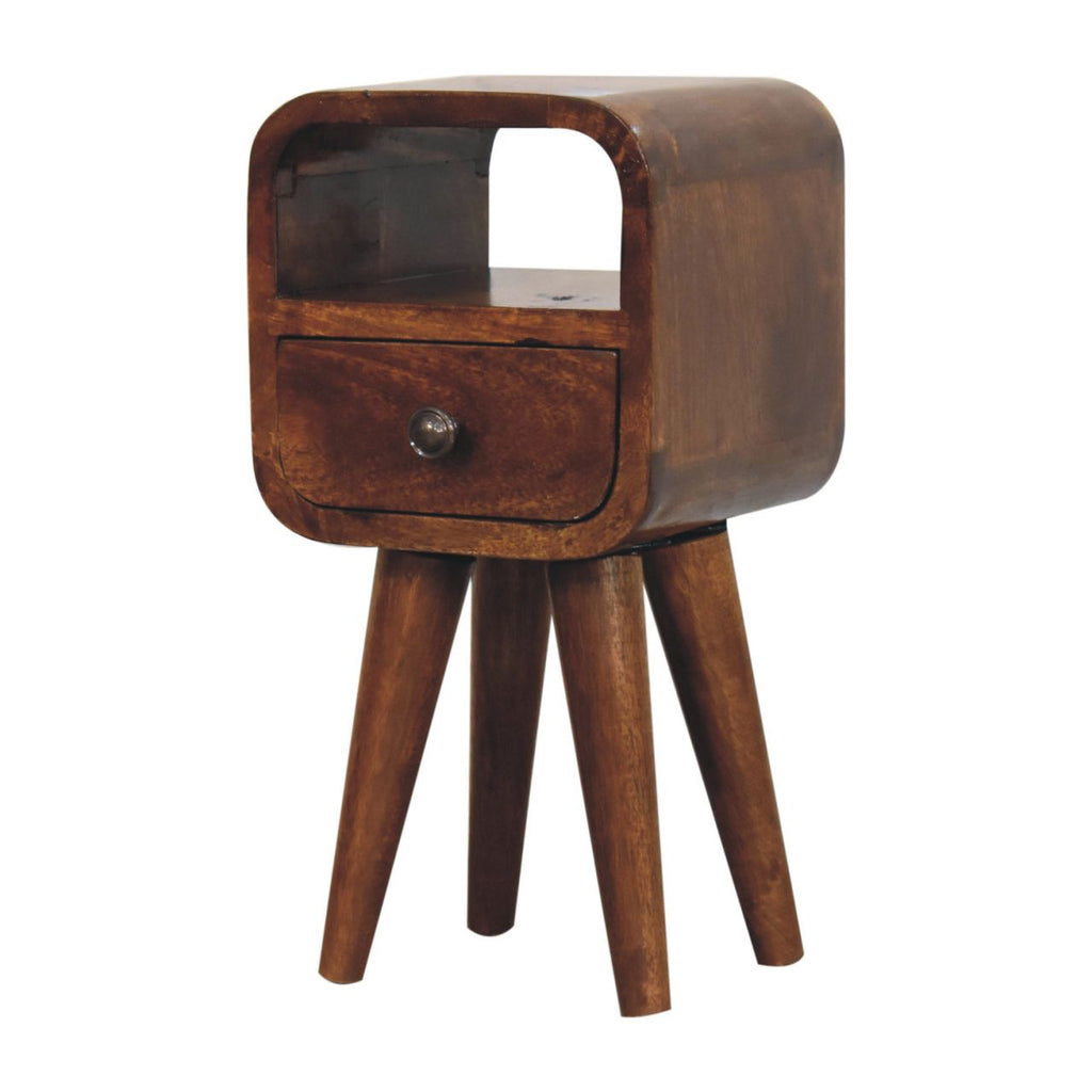 Narrow bedside table with drawer and open slot, 20 cm wide, chestnut brown, three-quarter view