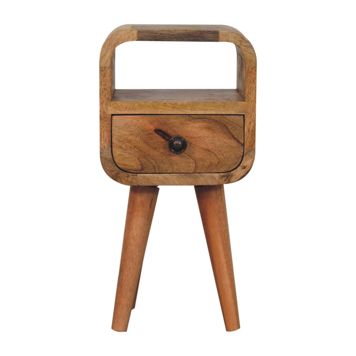Narrow bedside table with drawer and open slot, 20 cm wide, light oak-look wood, front view