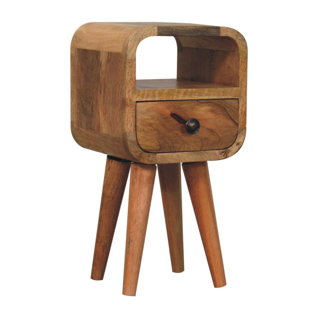 Narrow bedside table with drawer and open slot, 20 cm wide, light oak-look wood, three-quarter view