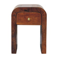 Narrow arch-shaped bedside table with drawer, 30 cm wide, chestnut brown, front view