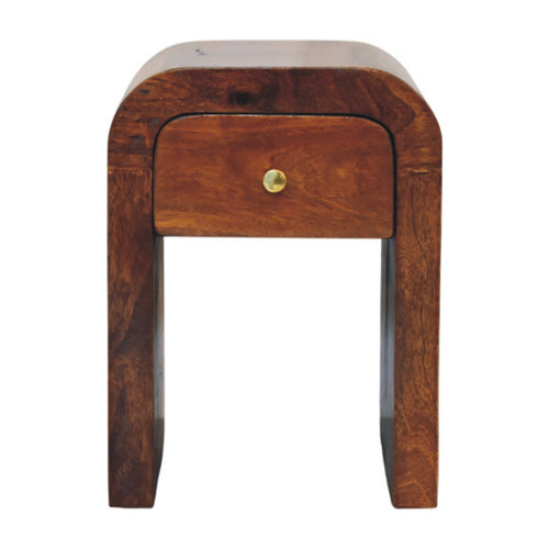 Narrow arch-shaped bedside table with drawer, 30 cm wide, chestnut brown, front view