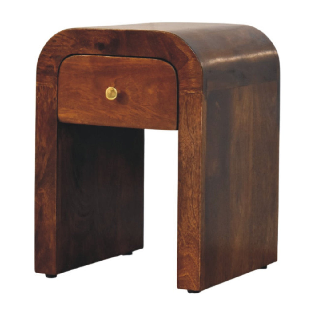 Narrow arch-shaped bedside table with drawer, 30 cm wide, chestnut brown, three-quarter view