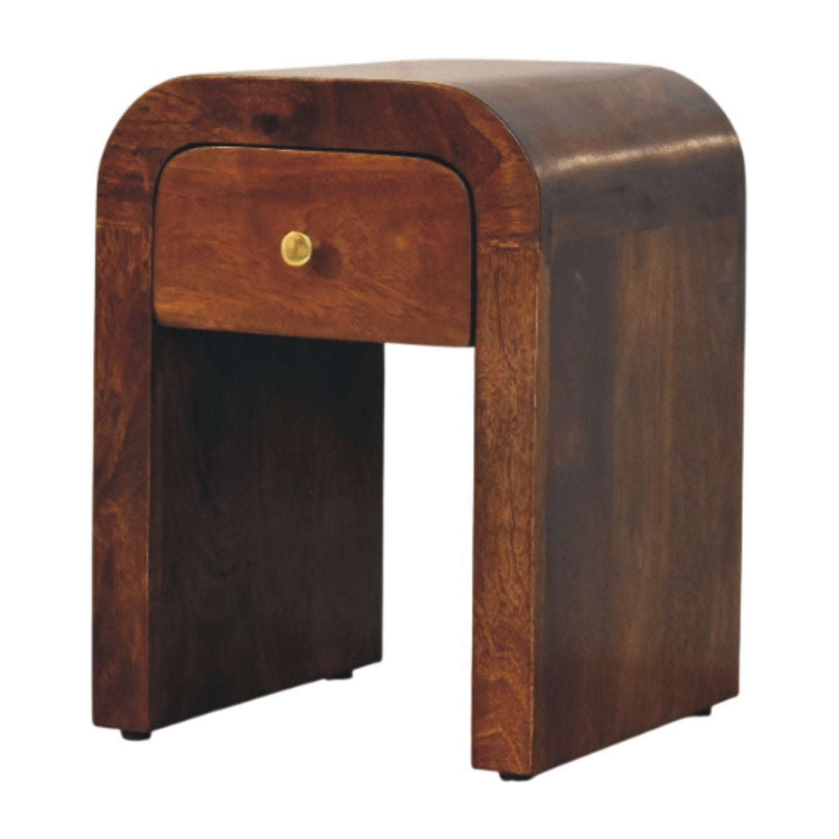 Narrow arch-shaped bedside table with drawer, 30 cm wide, chestnut brown, three-quarter view