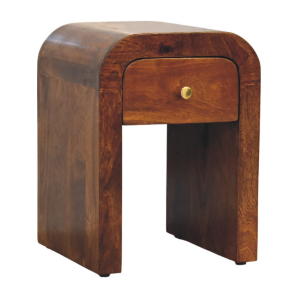 Narrow arch-shaped bedside table with drawer, 30 cm wide, chestnut brown, three-quarter view from the right