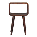 Narrow open bedside table, 30 cm wide, chestnut brown, front view of the open cube design