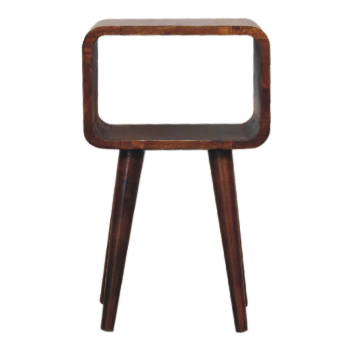 Narrow open bedside table, 30 cm wide, chestnut brown, front view of the open cube design