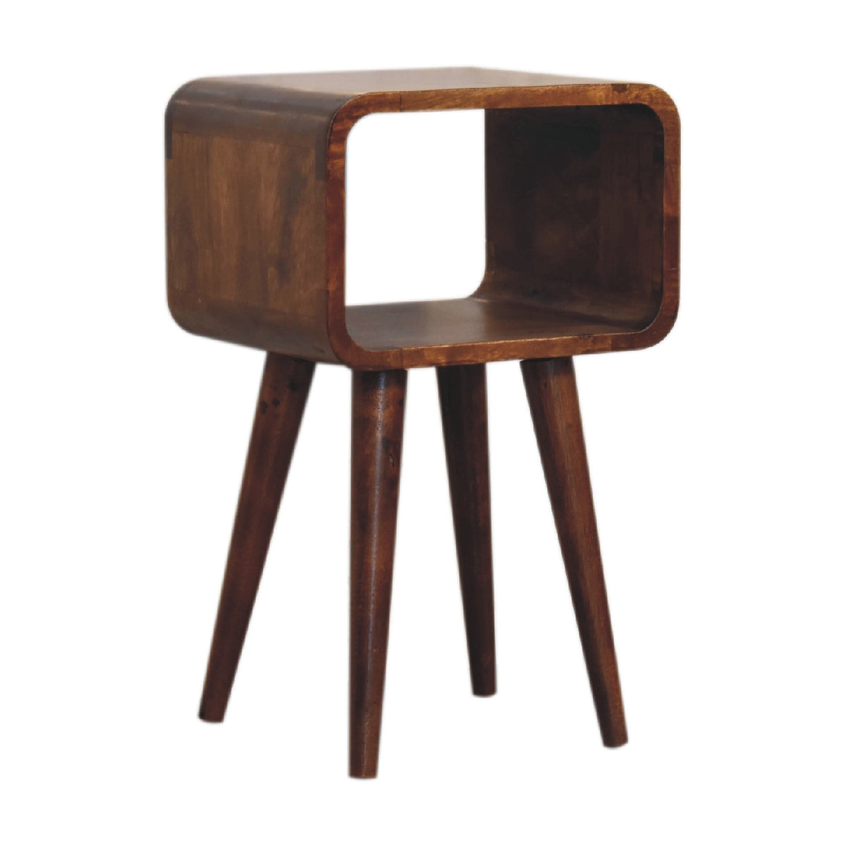 Narrow open bedside table, 30 cm wide, chestnut brown, three-quarter view from the left