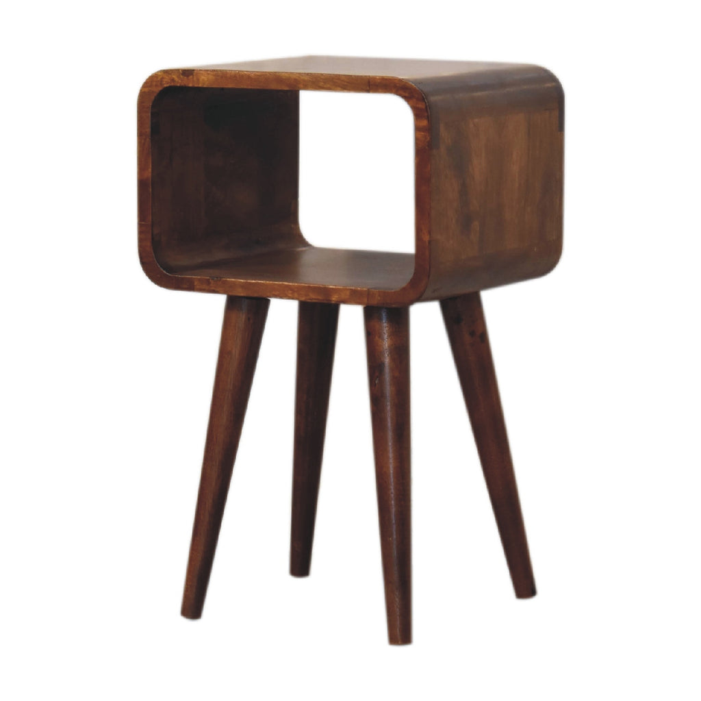 Narrow open bedside table, 30 cm wide, chestnut brown, three-quarter view from the right