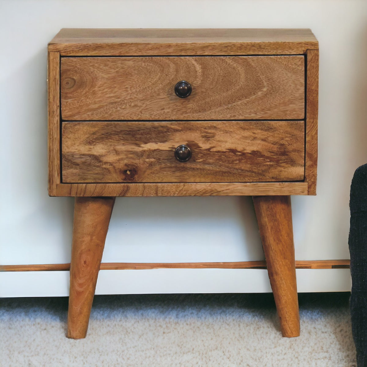 Narrow bedside table with 2 drawers, 35 cm wide, light tone, shown in a bedroom setting