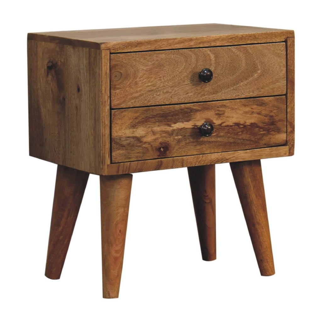 Narrow bedside table with 2 drawers, 35 cm wide, light tone, three-quarter view of tapered legs