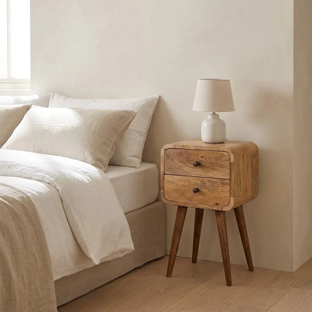 Narrow Curved Bedside Table beside a bed with linen bedding, with a table lamp on top