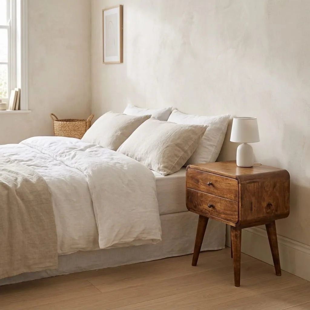 Ouse 45 cm Curved Bedside Table beside a bed with linen bedding, with a table lamp on top