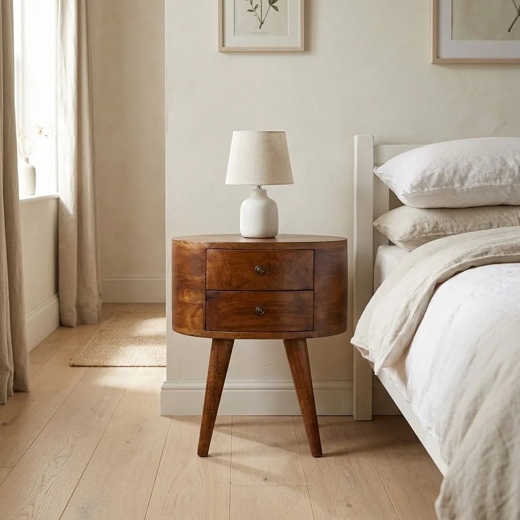 Oval Bedside Table beside a bed with linen bedding, with a table lamp on top