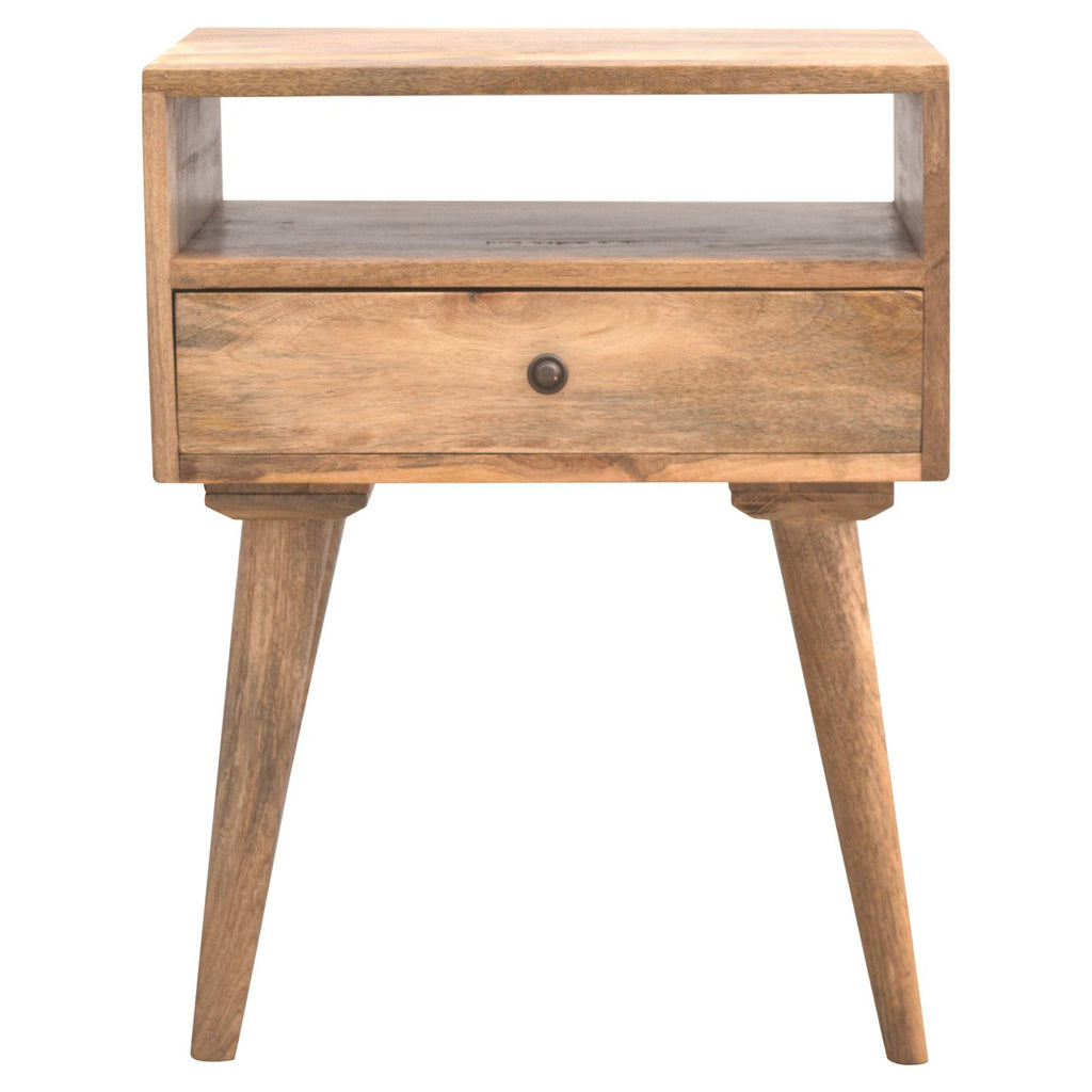 Oak-finish bedside table with an open niche above one drawer, on four tapered legs, front view