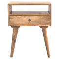 Oak-finish bedside table with an open niche above one drawer, on four tapered legs, front view