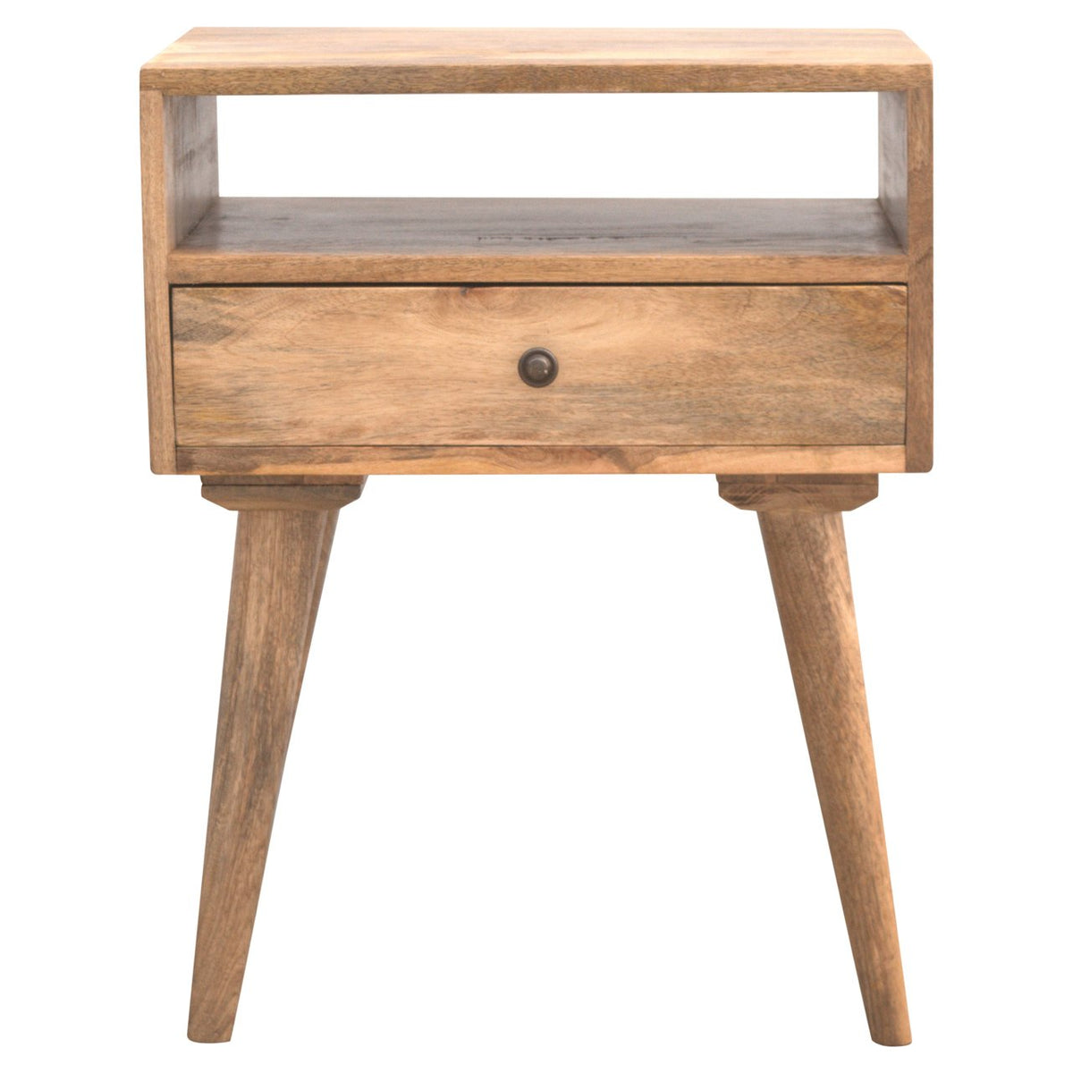 Oak-finish bedside table with an open niche above one drawer, on four tapered legs, front view