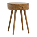 Nordic circular bedside in light oak-finish mango wood, front view, 40 x 40 x 56 cm
