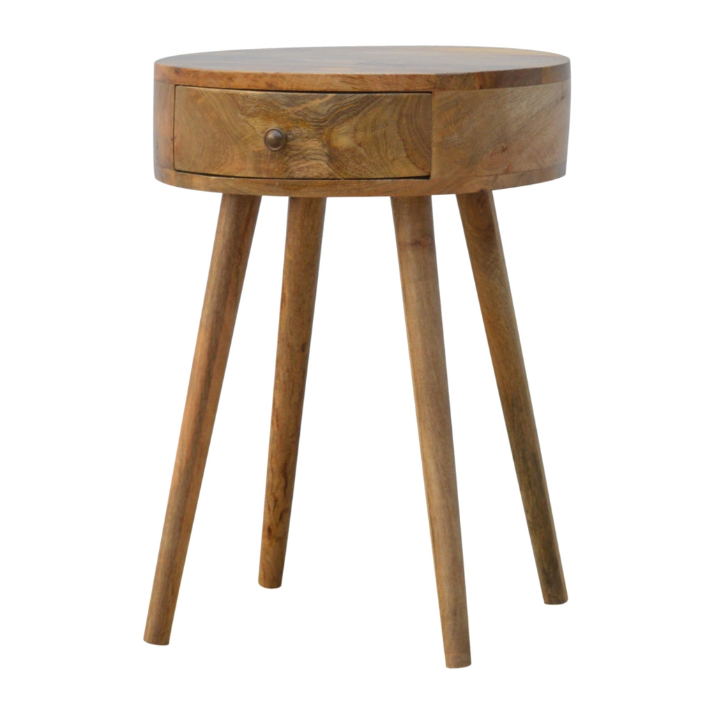 Nordic circular bedside, slightly turned view showing drawer and four splayed legs