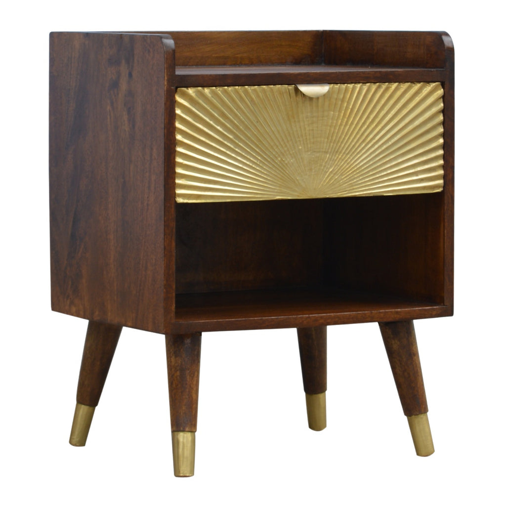 Trent chestnut bedside table with brass sunburst drawer front, front view, 45 x 35 x 58 cm