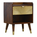 Trent chestnut bedside table with brass sunburst drawer front, front view, 45 x 35 x 58 cm