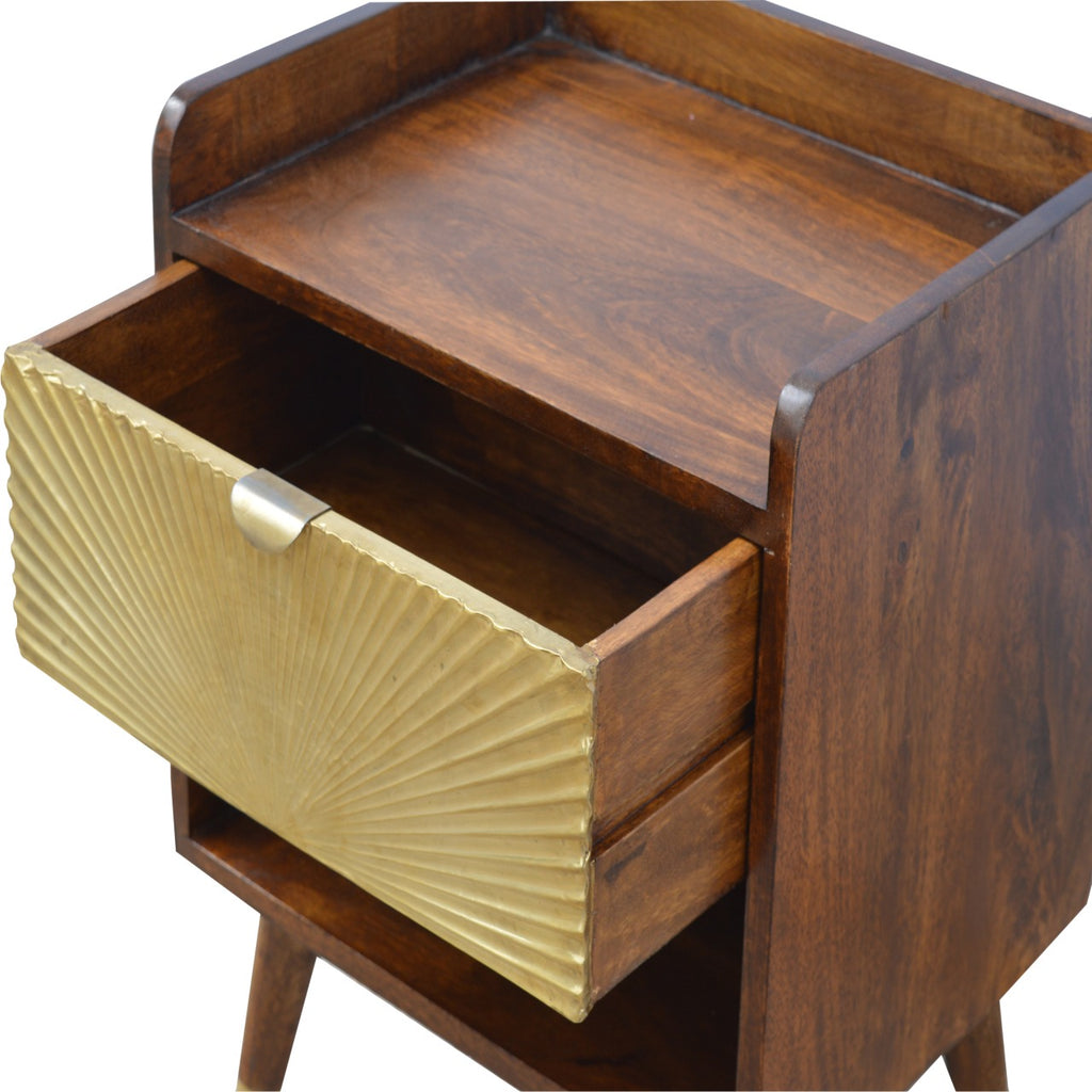 Trent bedside with the drawer open and gallery-rail top