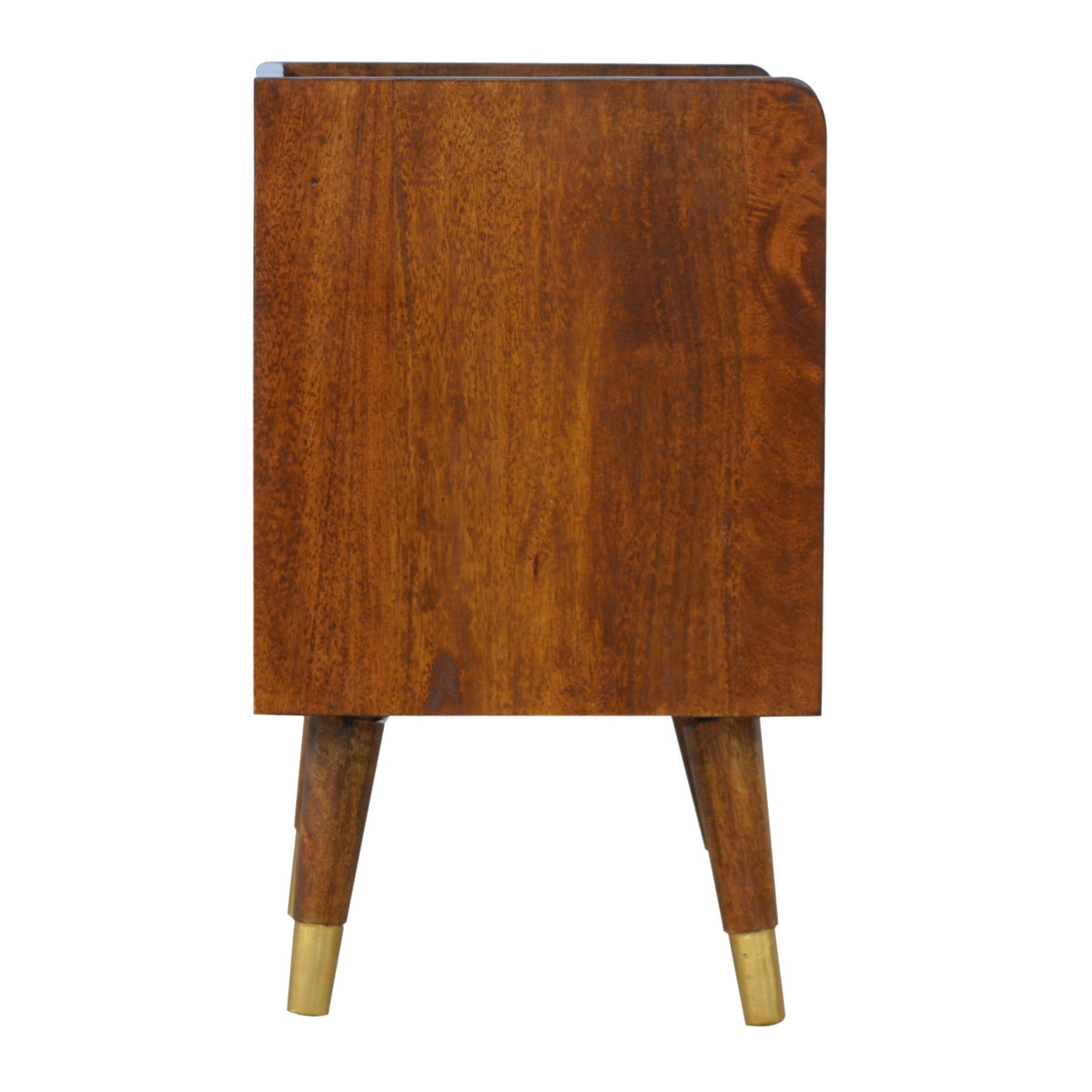 Side view of the Trent chestnut bedside with brass cap feet