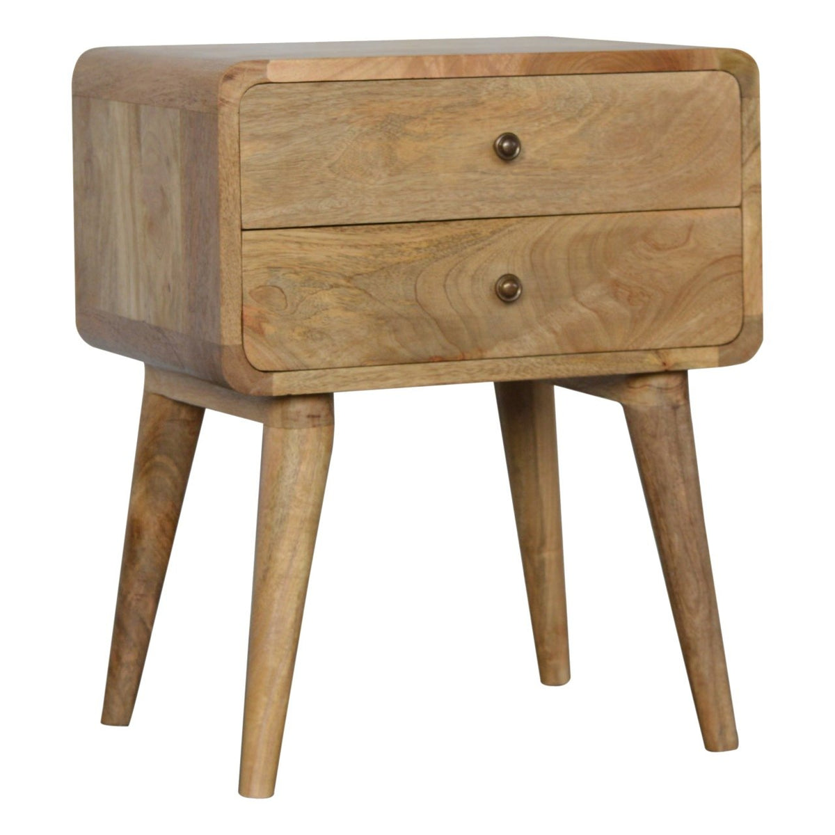 Curved oak-ish bedside, three-quarter view