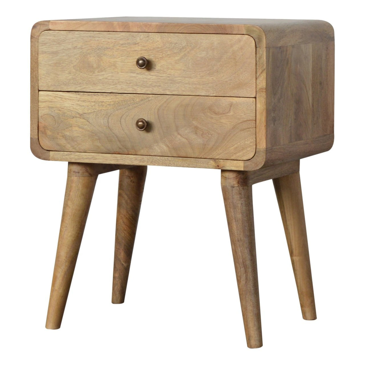 Curved oak-ish bedside table with 2 drawers, front view, 45 x 35 x 55 cm
