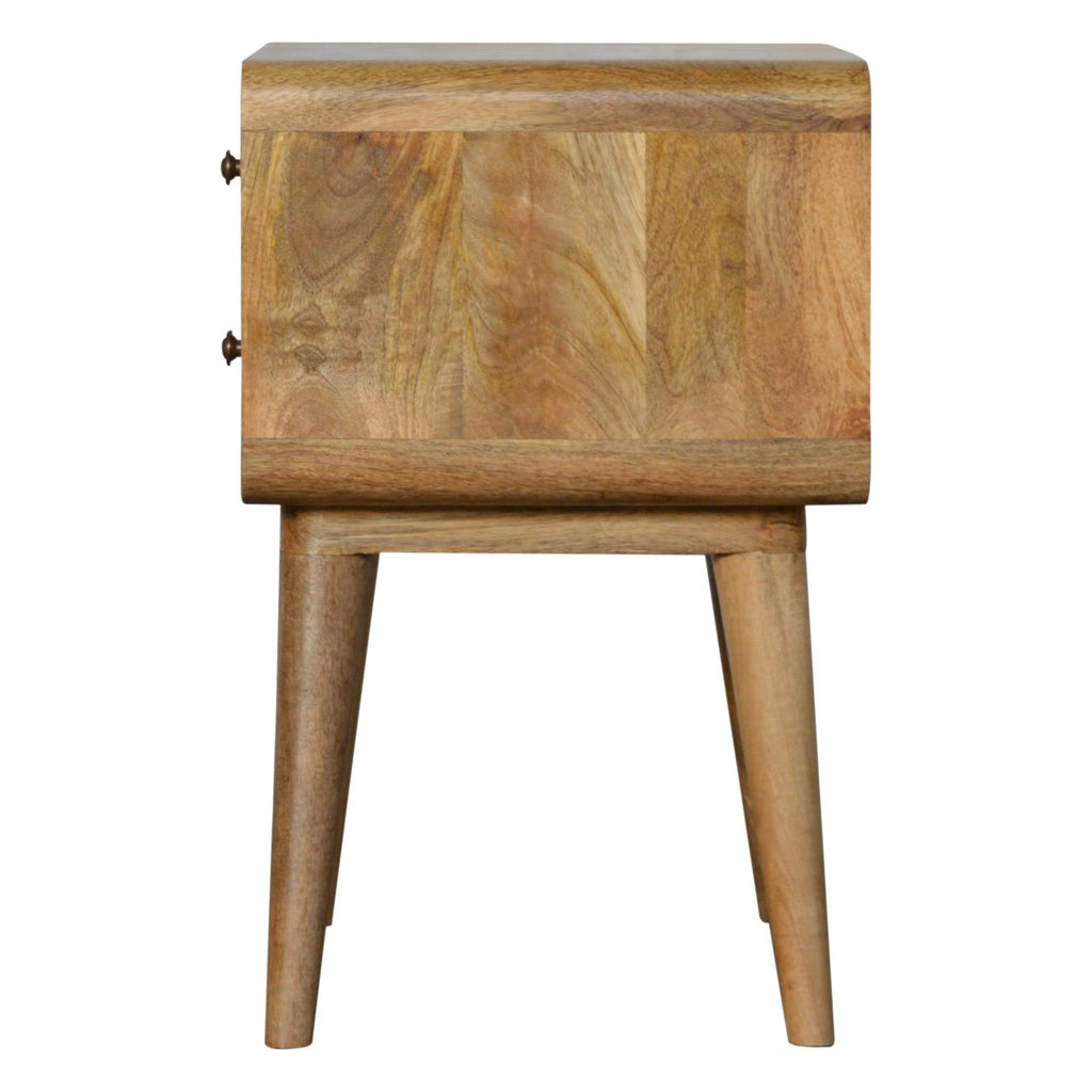 Side view of the curved oak-ish bedside table