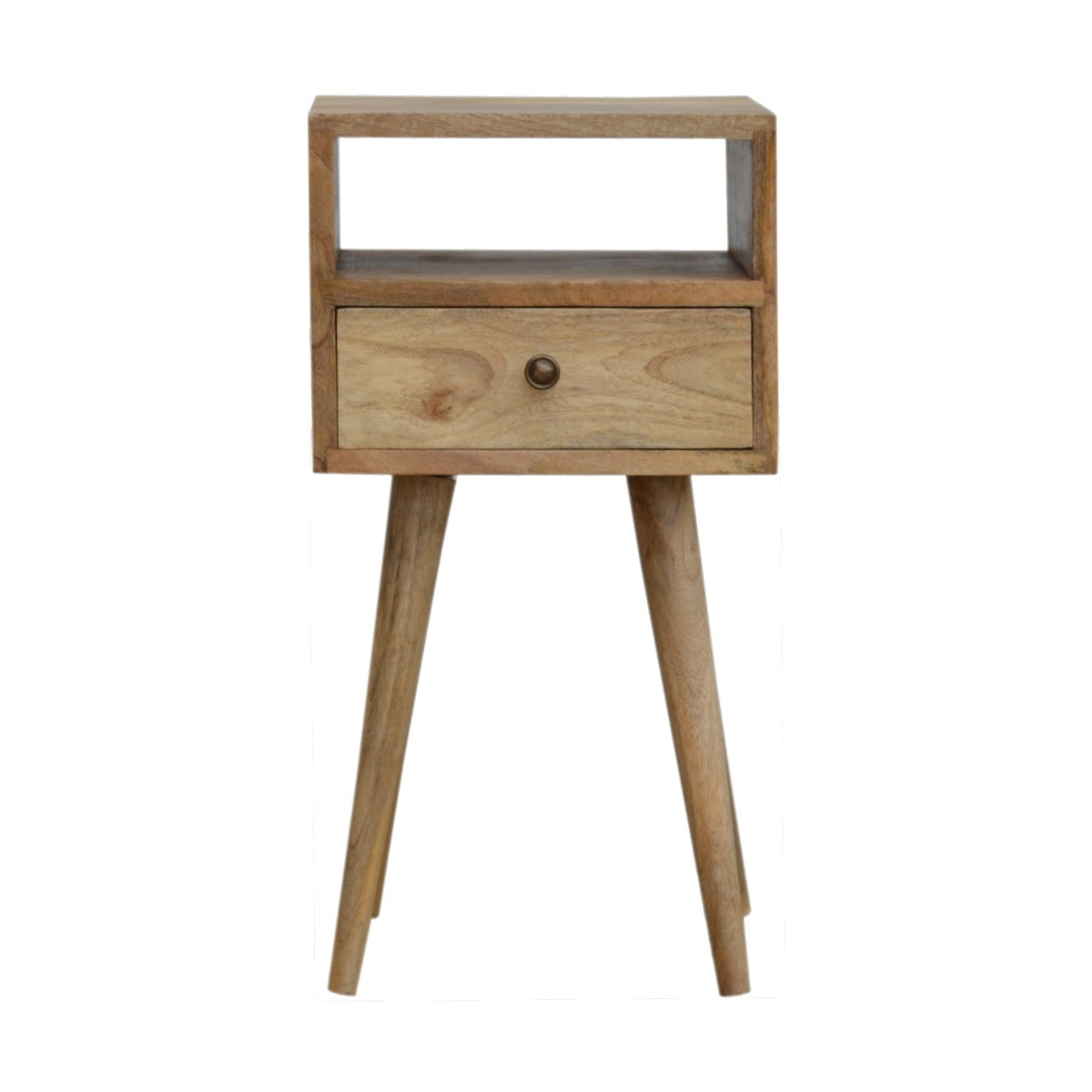 Pale oak-finish bedside table with an open niche above one drawer, on four tapered legs, front view