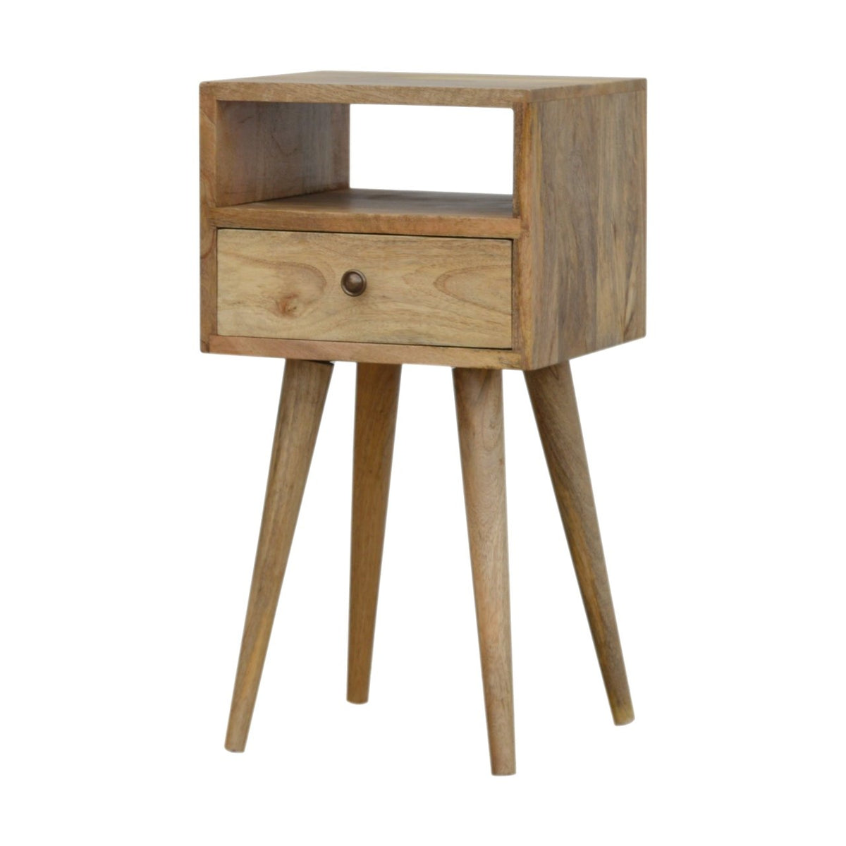 Pale oak-finish bedside table, three-quarter view showing the side panel, open niche, drawer and four splayed legs