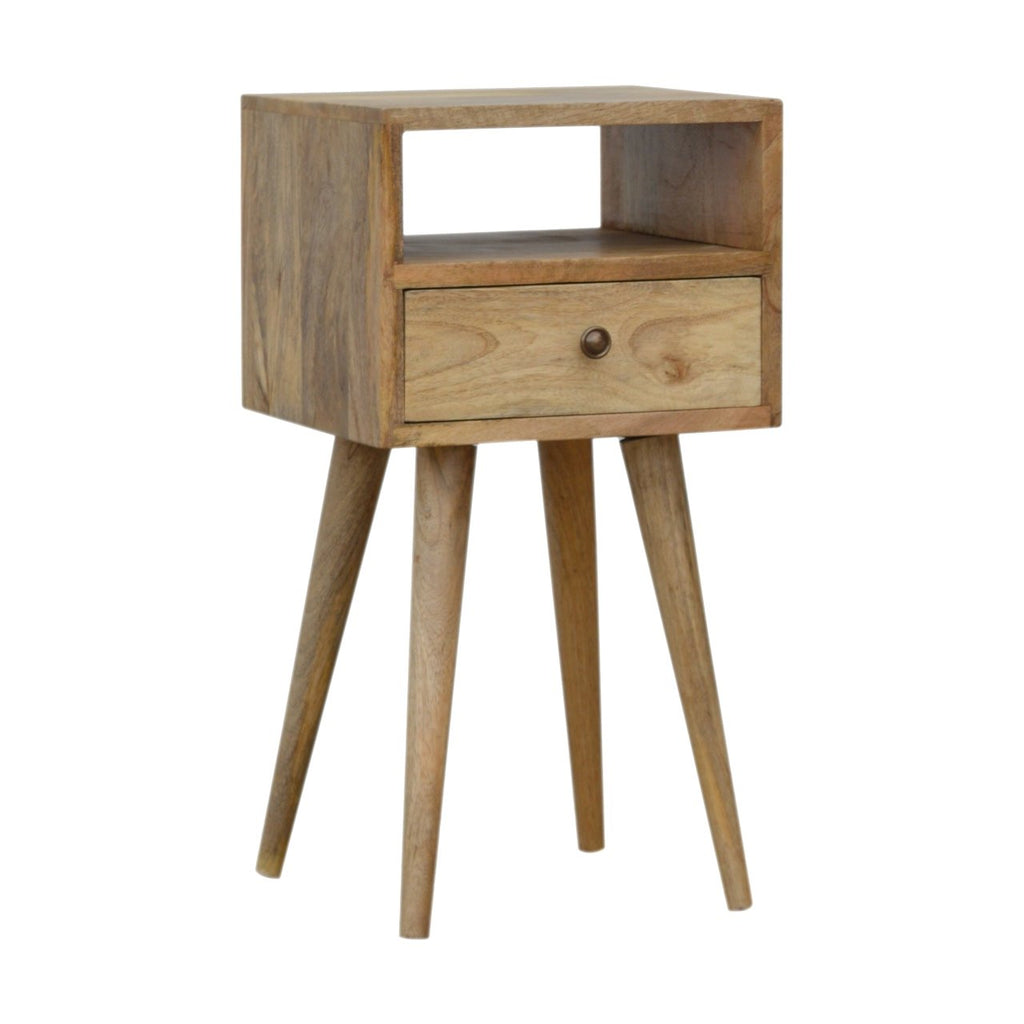 Pale oak-finish bedside table, three-quarter view from the other side
