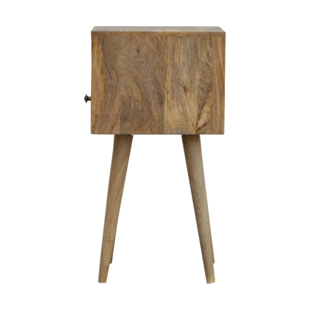 Side view of the pale oak-finish bedside table with a tapered leg at each end and the knob visible at the edge