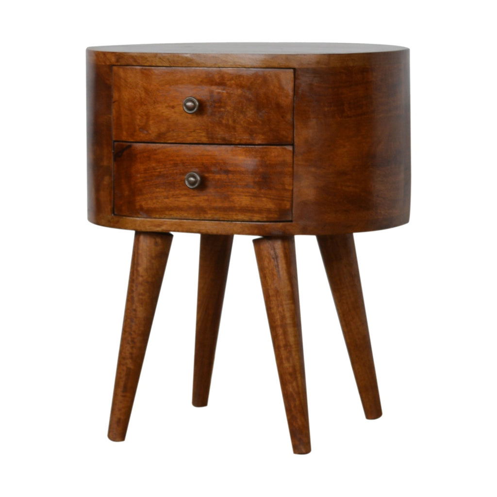 Oval chestnut bedside table, three-quarter view showing the rounded body and four splayed legs