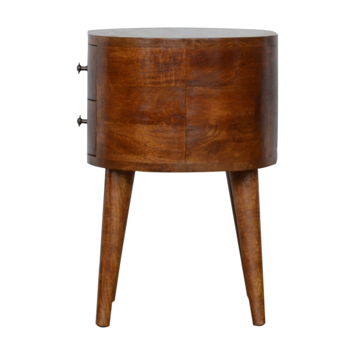 Side view of the oval chestnut bedside table with the two drawer knobs at the left edge