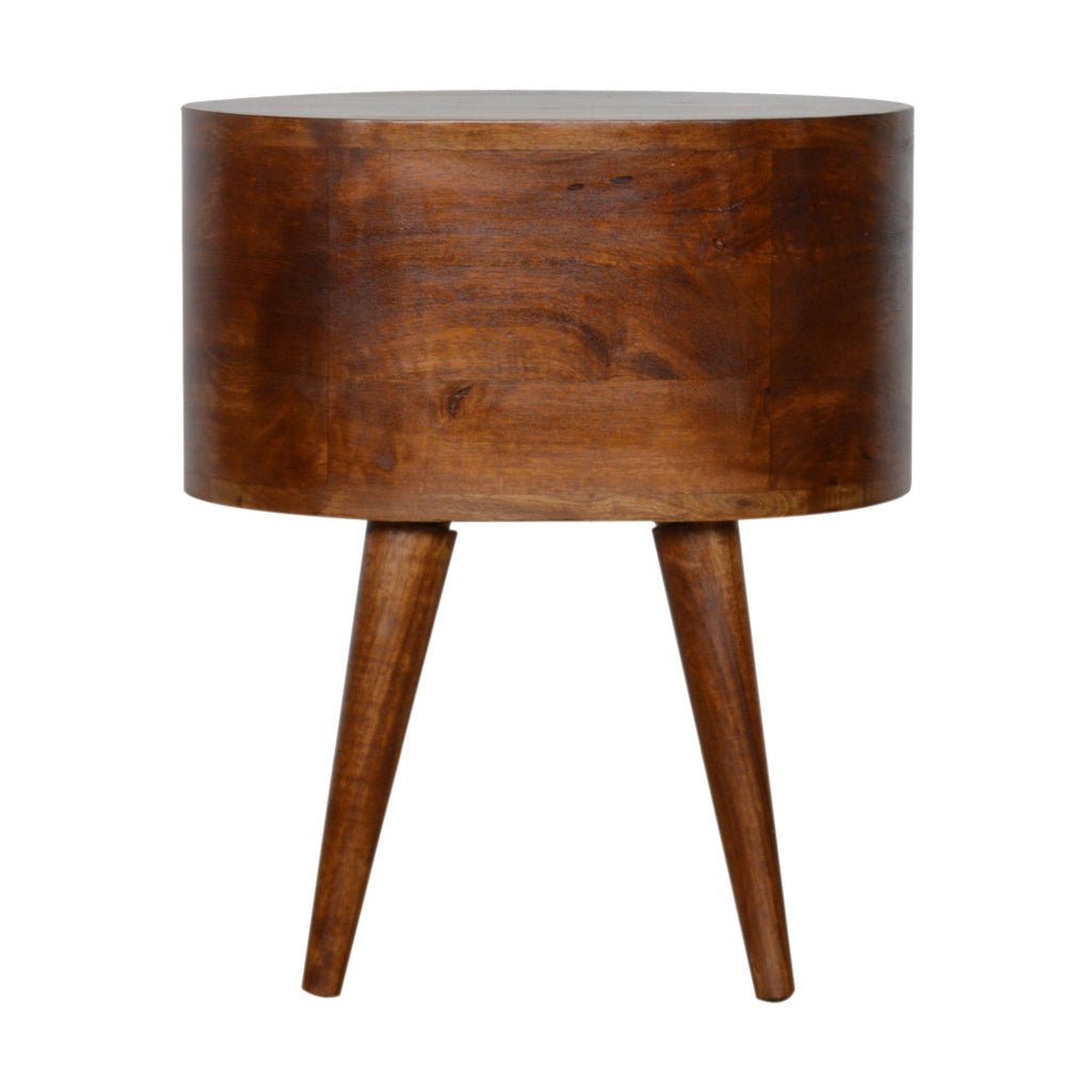 Back view of the oval chestnut bedside table with plain curved back and tapered legs