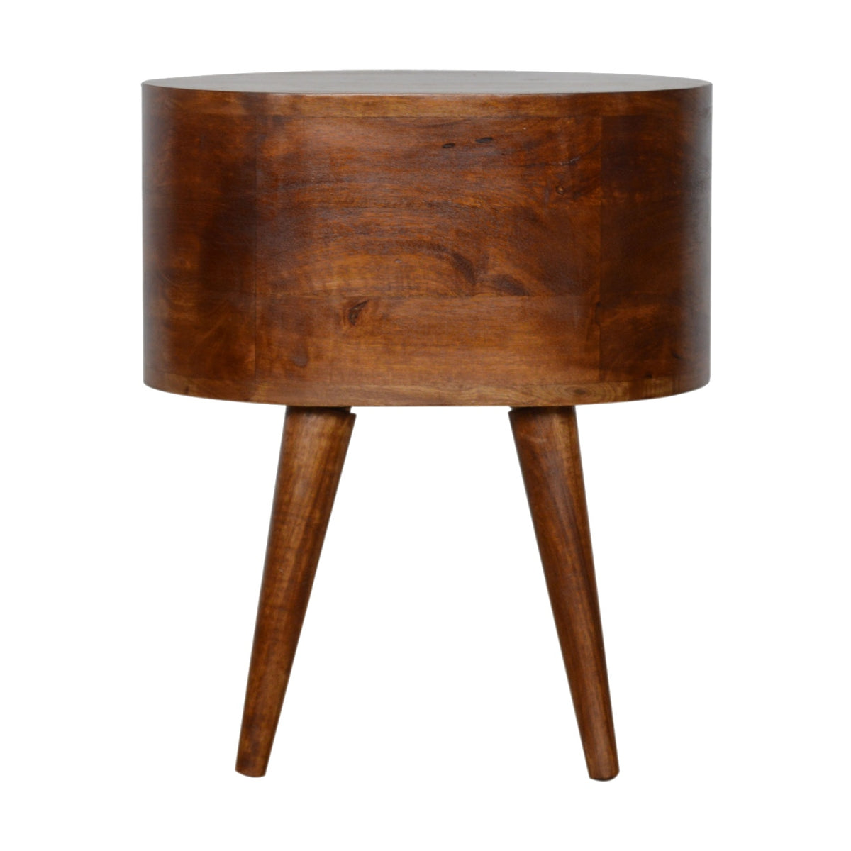 Back view of the oval chestnut bedside table with plain curved back and tapered legs