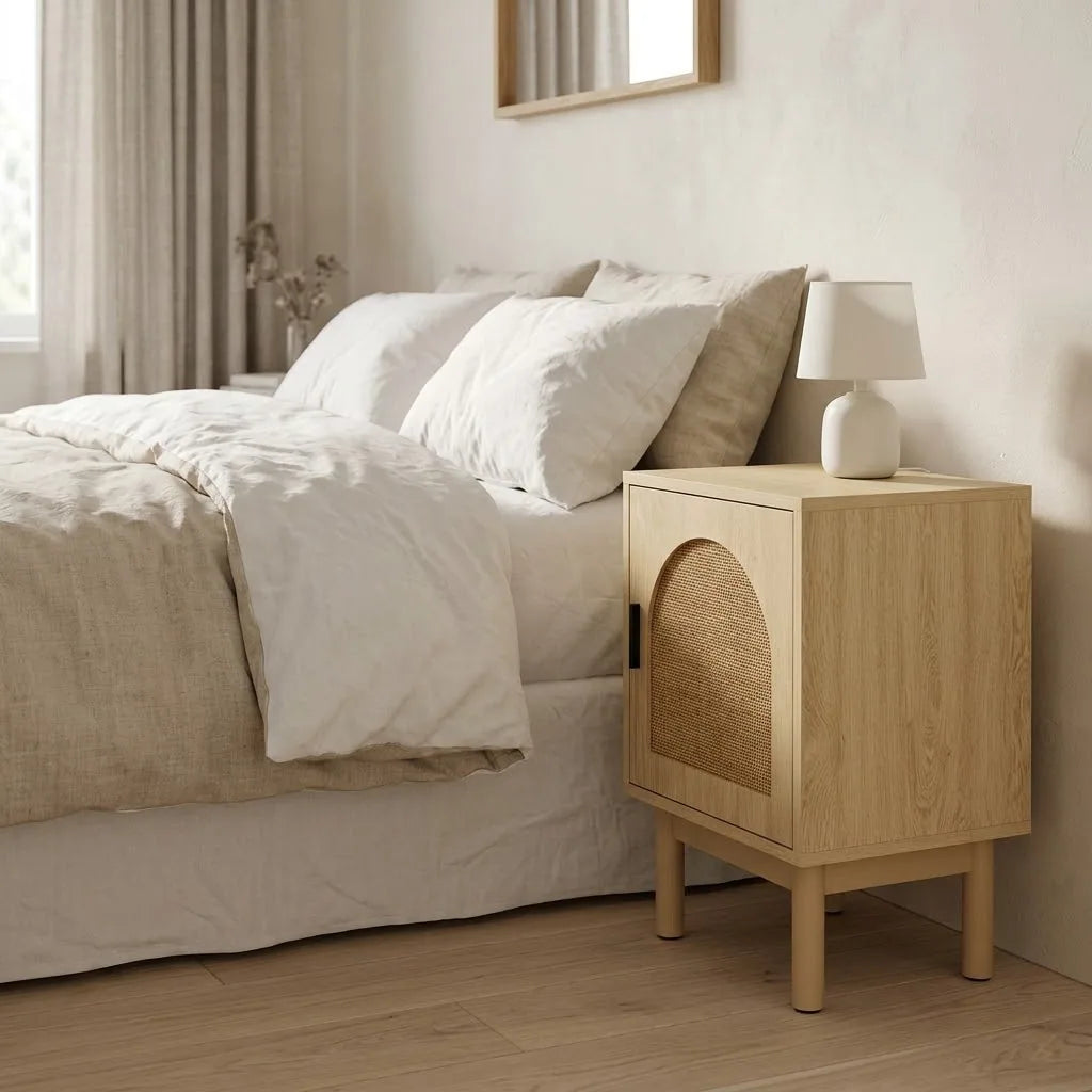 Rattan Bedside Table beside a bed with linen bedding, with a table lamp on top