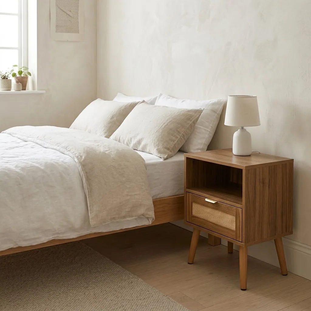Rattan Bedside Table beside a bed with linen bedding, with a table lamp on top