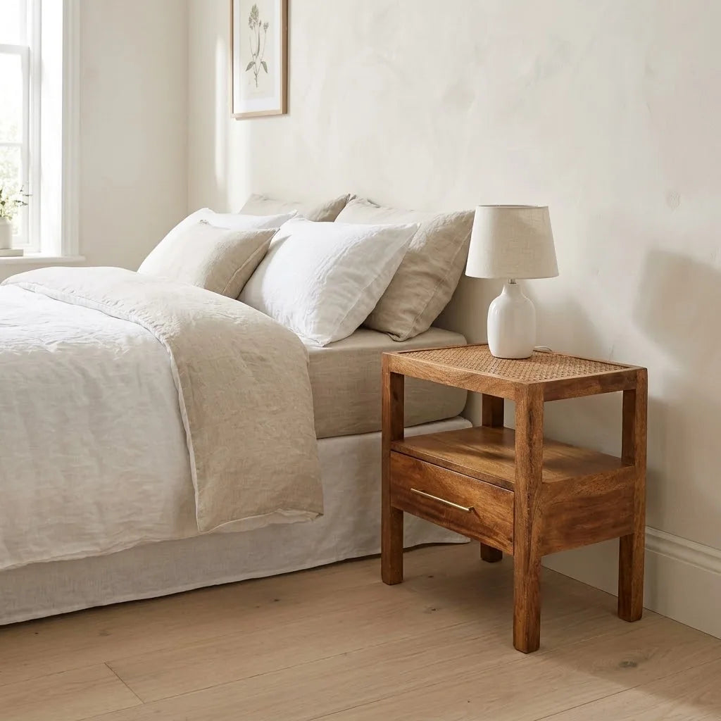 Rattan Bedside Table beside a bed with linen bedding, with a table lamp on top